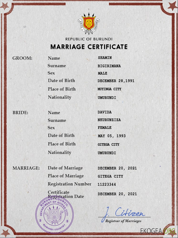 Modèle PSD de certificat de mariage burundais